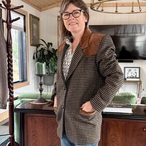 AMAZING TRUE VINTAGE JL Colebrook Suede Trimmed US Made Houndstooth Blazer